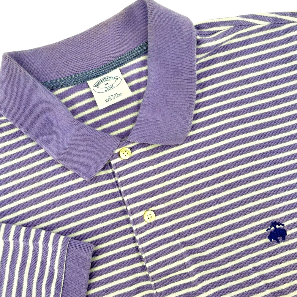Brooks Brothers 346 Mens XL Slim Fit Purple White Striped Cotton Polo Shirt